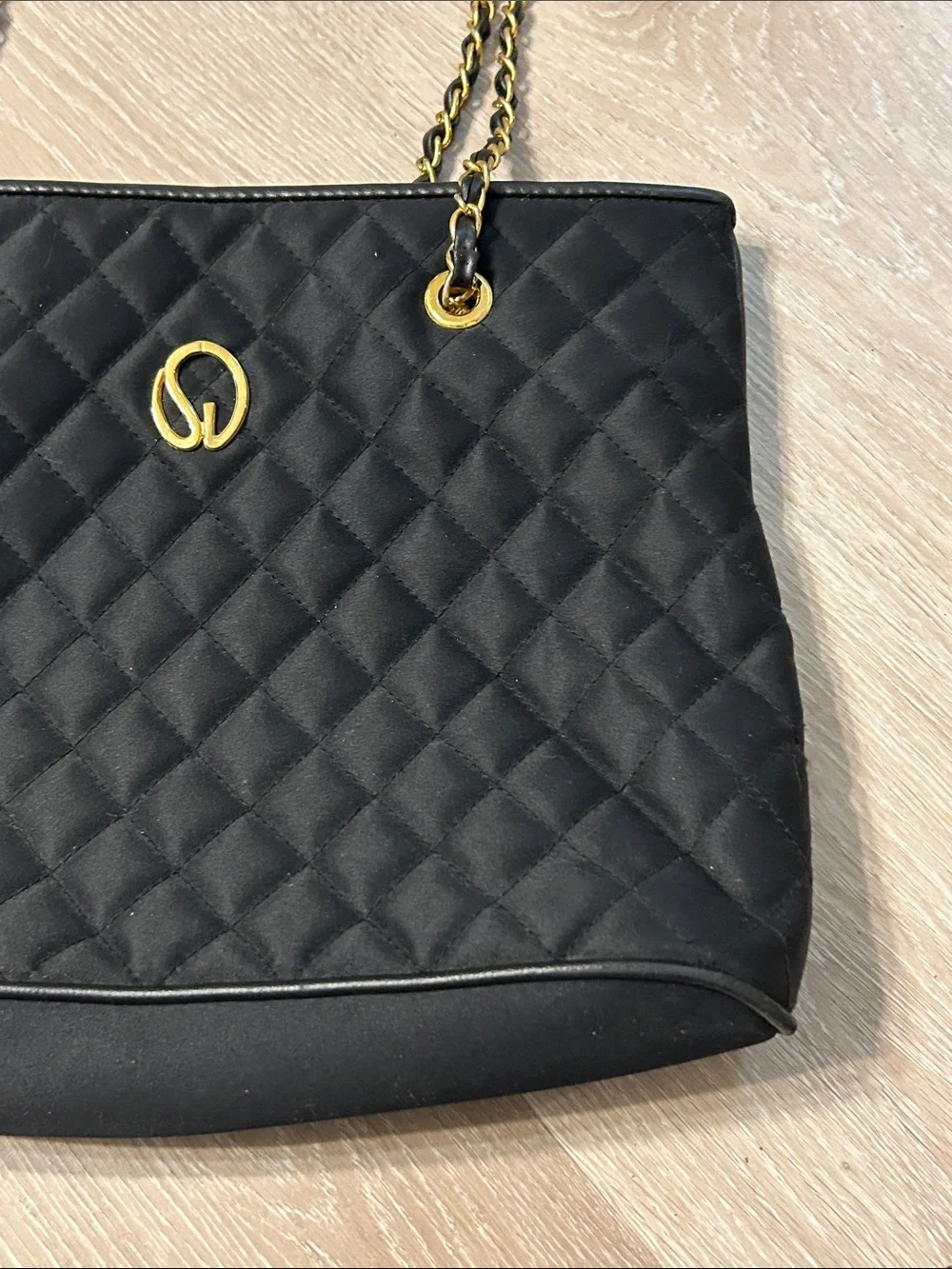 St. John Vintage Black Quilted Chain-Handle Gold Accen Tote Bag